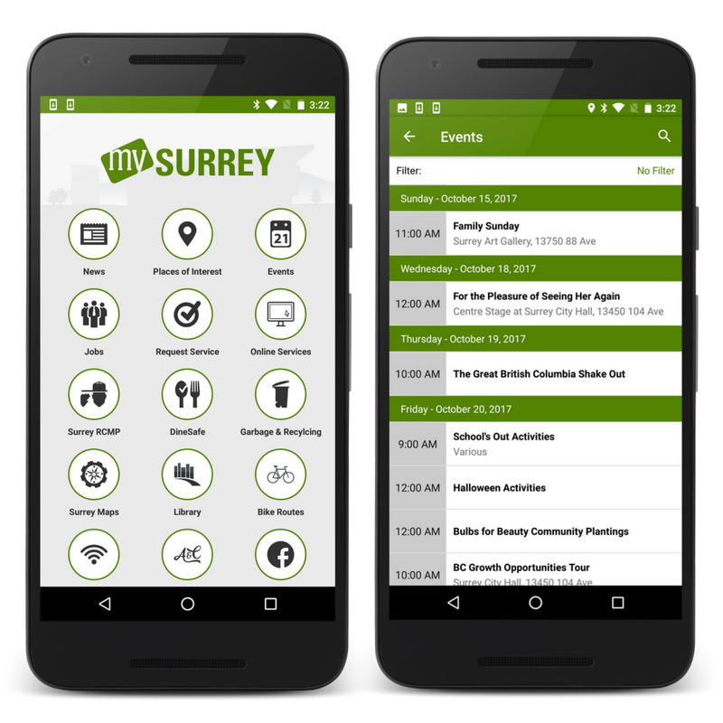Info Grove App Surrey BC Features Page and Local Events Calendar Page