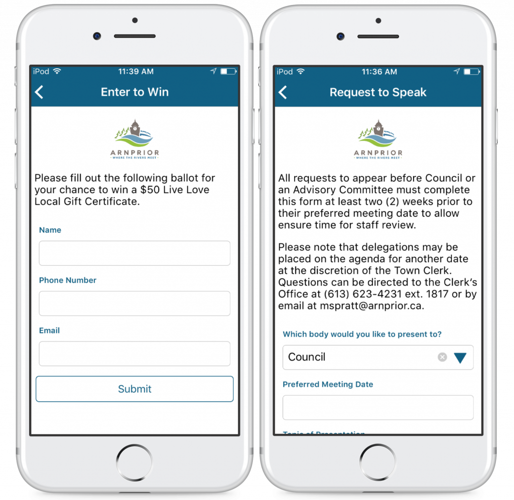 Info Grove App Town Arnprior Enter to Win Page and Request to Speak at Council Form