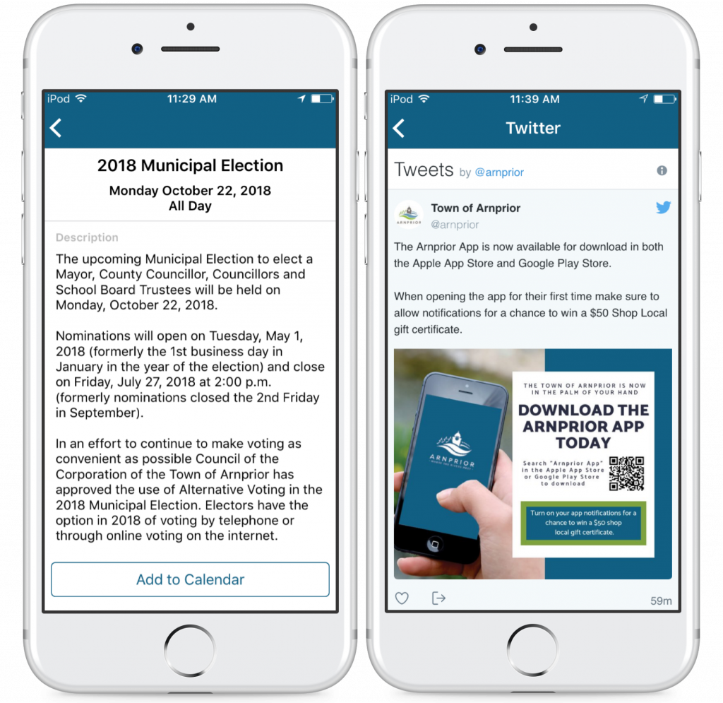 Info Grove App Town Arnprior Municipal Voting Notice Page and Twitter Feed