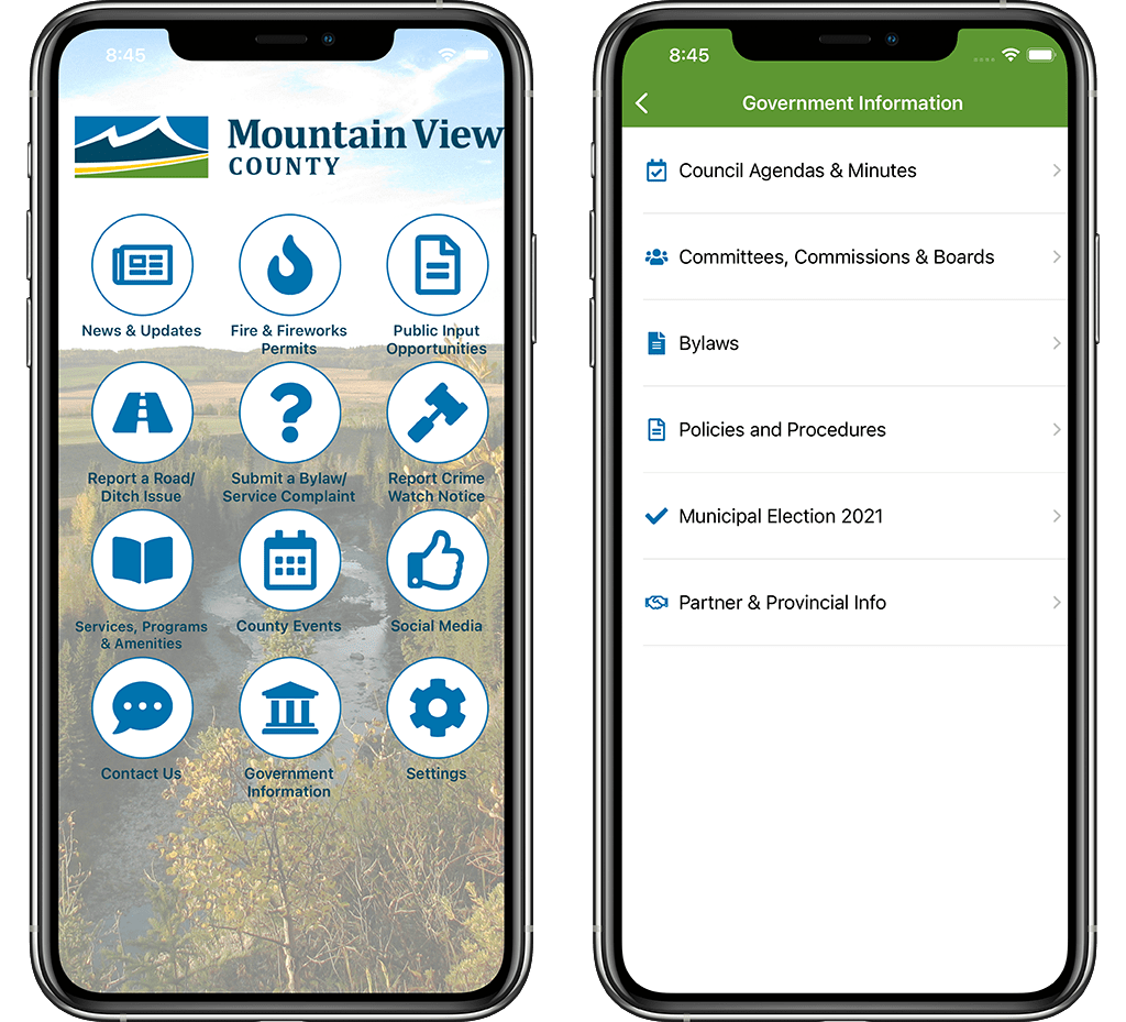 Info Grove App Mountain View Feature and Government Information pages