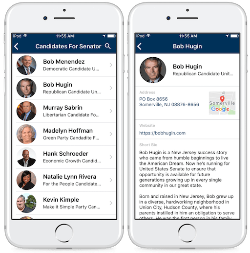 Info Grove App Hudson County Candidates Page and Candidate Page