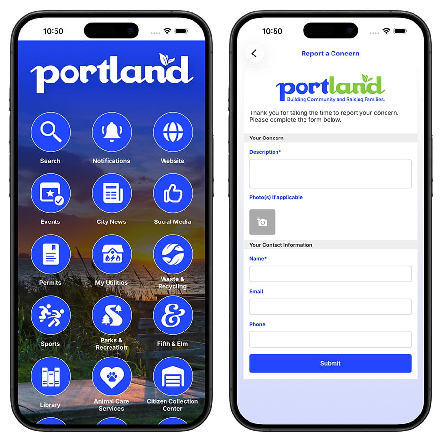 InfoGrove Portland mobile app side by side view.