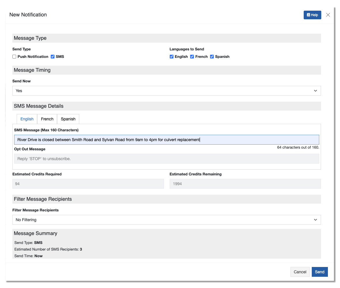 Info Grove SMS Notifications dashboard.